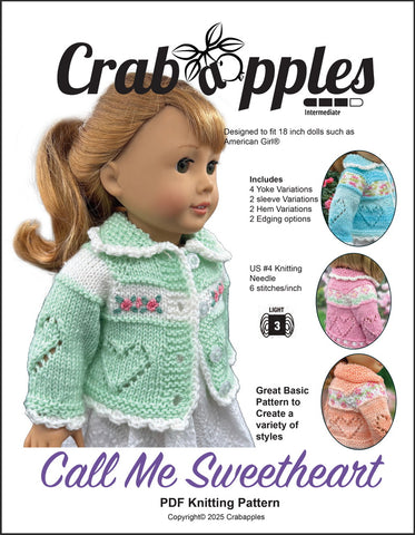 Crabapples Knitting Call Me Sweetheart 18" Doll Clothes Knitting Pattern Pixie Faire