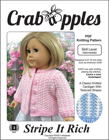 Crabapples Knitting Stripe It Rich 18" Doll Clothes Knitting Pattern Pixie Faire