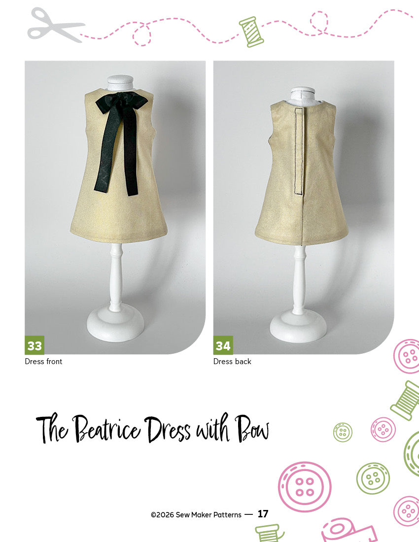 Sew Maker Patterns WellieWishers The Beatrice Dress 14.5" Doll Clothes Pattern Pixie Faire