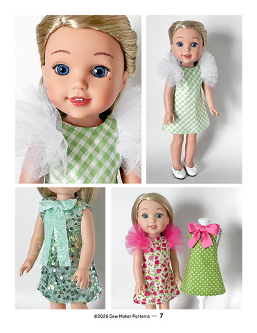 Sew Maker Patterns WellieWishers The Beatrice Dress 14.5" Doll Clothes Pattern Pixie Faire