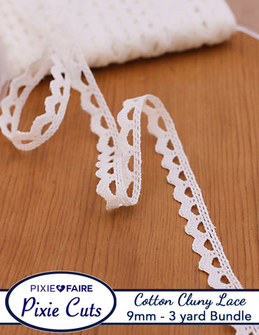 Pixie Faire Pixie Cuts Trim Pre-Cut 3 Yard Bundle 9mm .35 inch White Cotton Cluny Lace Trim Zig Zag Scallop Pixie Faire