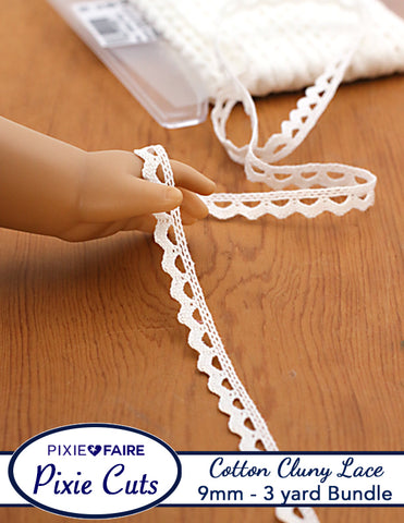 Pixie Faire Pixie Cuts Trim Pre-Cut 3 Yard Bundle 9mm .35 inch White Cotton Cluny Lace Trim Zig Zag Scallop Pixie Faire