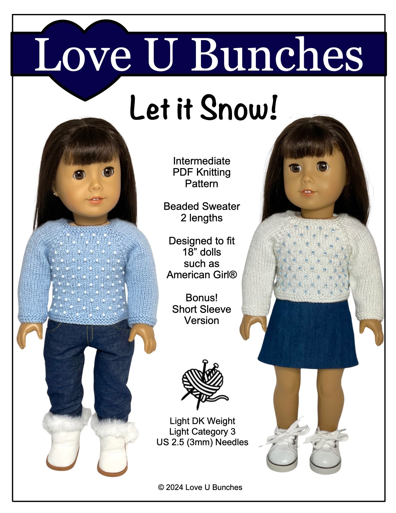 Love U Bunches Knitting Let it Snow! Sweater 18" Doll Clothes Knitting Pattern Pixie Faire
