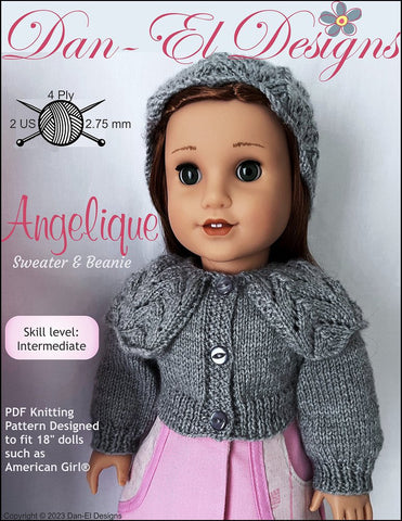 Dan-El Designs Knitting Angelique Sweater and Beanie 18" Doll Clothes Knitting Pattern Pixie Faire