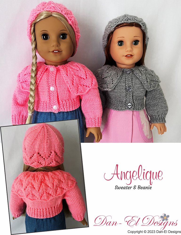 Dan-El Designs Knitting Angelique Sweater and Beanie 18" Doll Clothes Knitting Pattern Pixie Faire