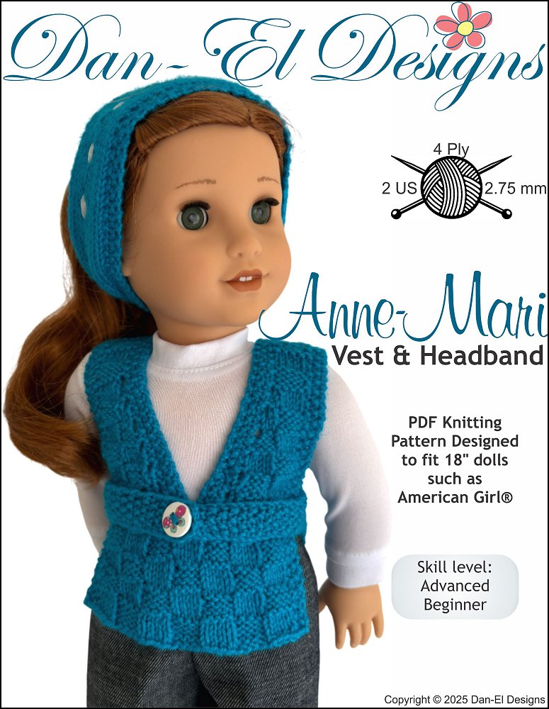 Dan-El Designs Knitting Anne-Mari Vest and Headband 18" Doll Clothes Knitting Pattern Pixie Faire