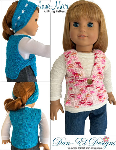 Dan-El Designs Knitting Anne-Mari Vest and Headband 18" Doll Clothes Knitting Pattern Pixie Faire