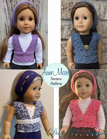 Dan-El Designs Knitting Anne-Mari Vest and Headband 18" Doll Clothes Knitting Pattern Pixie Faire