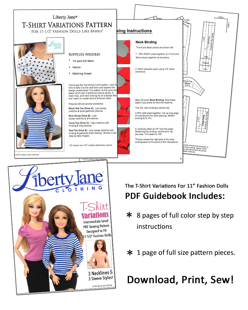 Liberty Jane Barbie T-Shirt Variations Pattern For 11-1/2" Fashion Dolls Pixie Faire