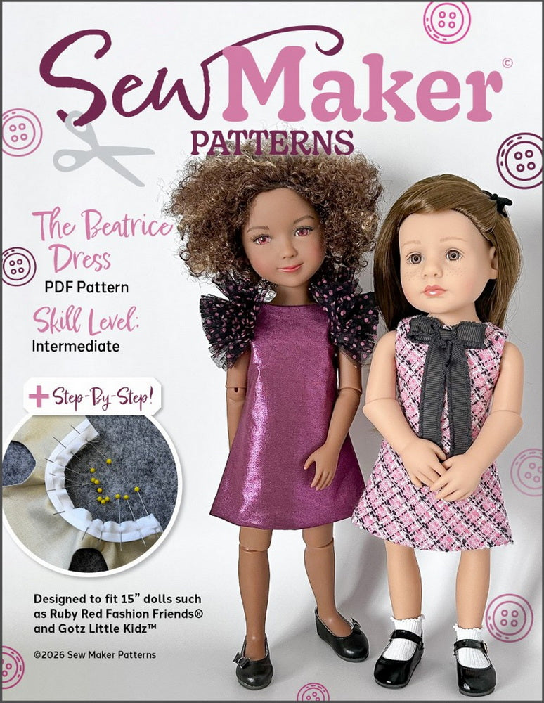 Sew Maker Patterns Ruby Red Fashion Friends The Beatrice Dress 15" Doll Clothes Pattern Pixie Faire