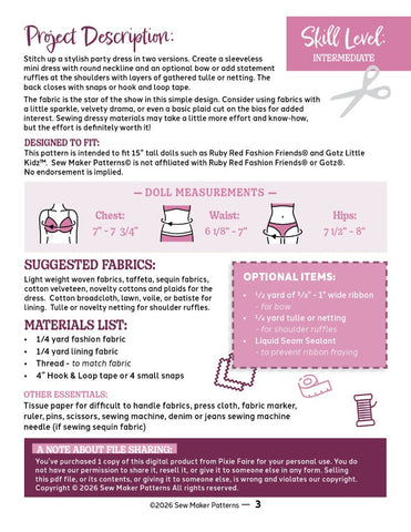 Sew Maker Patterns Ruby Red Fashion Friends The Beatrice Dress 15" Doll Clothes Pattern Pixie Faire