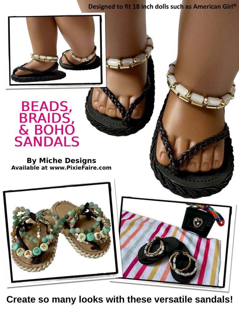 Miche Designs Shoes Beads, Braids, & Boho Sandals 18" Doll Shoe Pattern Pixie Faire