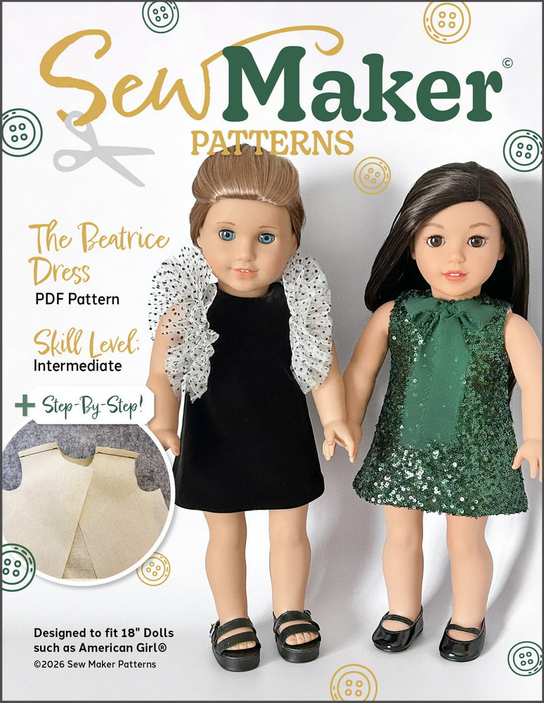 Sew Maker Patterns 18 Inch Modern The Beatrice Dress 18" Doll Clothes Pattern Pixie Faire