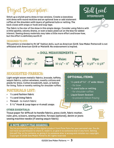 Sew Maker Patterns 18 Inch Modern The Beatrice Dress 18" Doll Clothes Pattern Pixie Faire