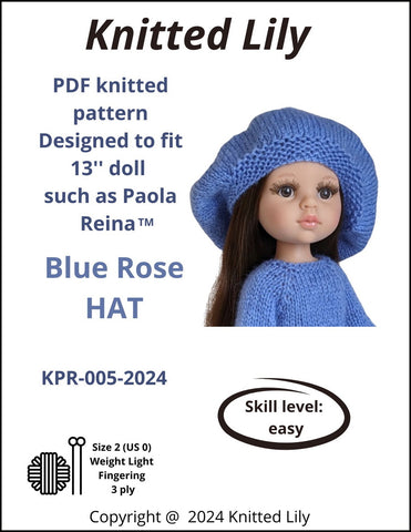 Knitted Lily Paola Reina Blue Rose Hat Knitting Pattern for 13" Paola Reina Dolls Pixie Faire