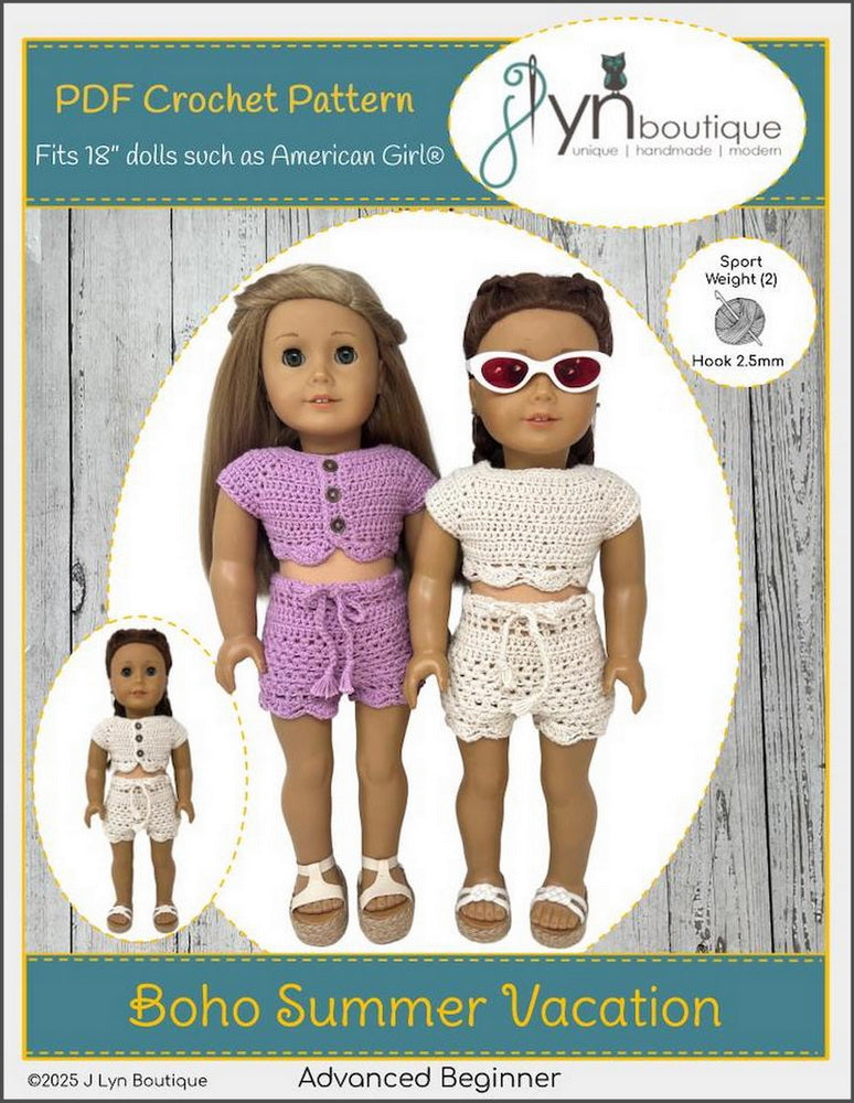 J Lyn Boutique Crochet Boho Summer Vacation Top and Shorts 18" Doll Clothes Crochet Pattern Pixie Faire