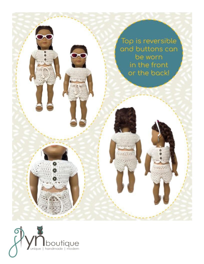 J Lyn Boutique Crochet Boho Summer Vacation Top and Shorts 18" Doll Clothes Crochet Pattern Pixie Faire