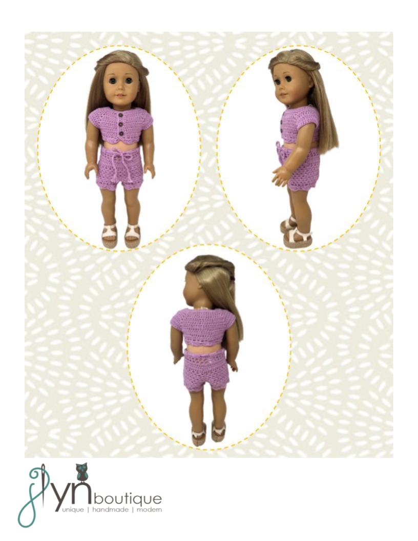 J Lyn Boutique Crochet Boho Summer Vacation Top and Shorts 18" Doll Clothes Crochet Pattern Pixie Faire