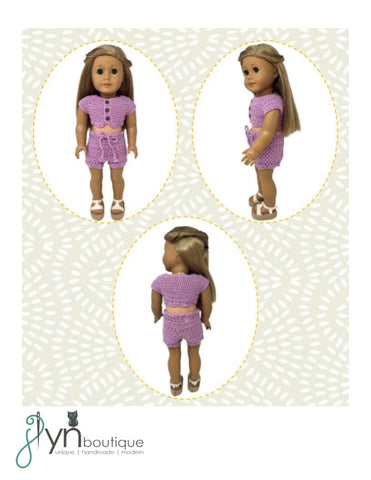 J Lyn Boutique Crochet Boho Summer Vacation Top and Shorts 18" Doll Clothes Crochet Pattern Pixie Faire
