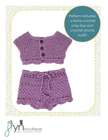 J Lyn Boutique Crochet Boho Summer Vacation Top and Shorts 18" Doll Clothes Crochet Pattern Pixie Faire