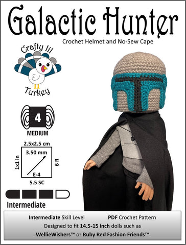 Crafty Lil Turkey Crochet Galactic Hunter: Helmet and No Sew Cape 14.5-15" Doll Clothes Crochet Pattern Pixie Faire