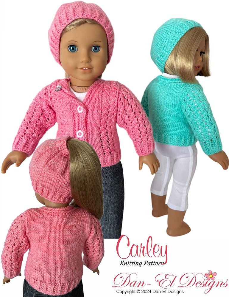 Dan-El Designs Knitting Carley Sweater and Ponytail Beanie 18" Doll Clothes Knitting Pattern Pixie Faire