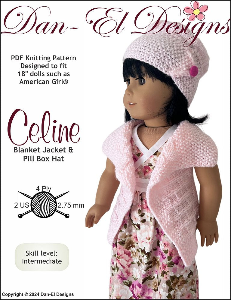Dan-El Designs Knitting Celine Jacket and Hat 18 inch Doll Clothes Knitting Pattern Pixie Faire