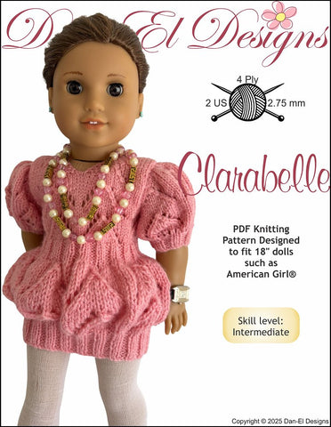Dan-El Designs Knitting Clarabelle 18" Doll Clothes Knitting Pattern Pixie Faire