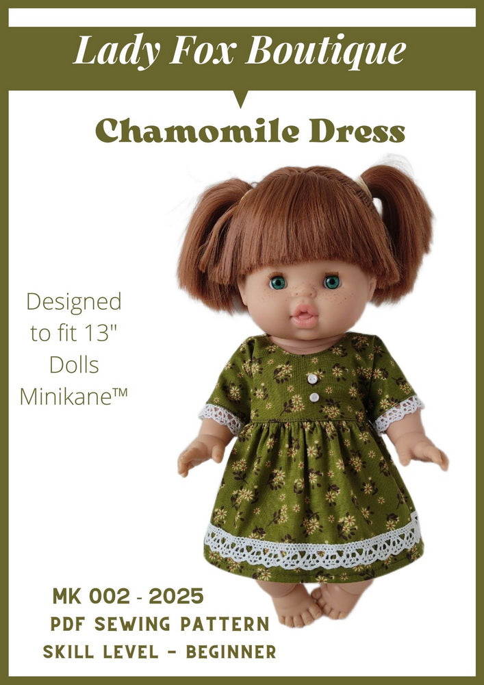 Lady Fox Boutique MiniKane Chamomile Dress Doll Clothes Pattern For 13 Inch Minikane Dolls Pixie Faire