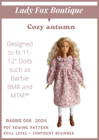 Lady Fox Boutique Barbie Cozy Autumn Dress Doll Clothes Pattern For 11-12" Fashion Dolls such as Barbie, BMR, MTM Pixie Faire