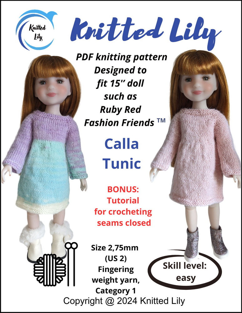 Knitted Lily Ruby Red Fashion Friends Calla Tunic Knitting Pattern for 15" Ruby Red Fashion Friends® Dolls Pixie Faire