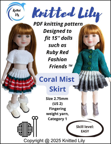 Knitted Lily Ruby Red Fashion Friends Coral Mist Skirt Knitting Pattern for 15" Ruby Red Fashion Friends Dolls Pixie Faire