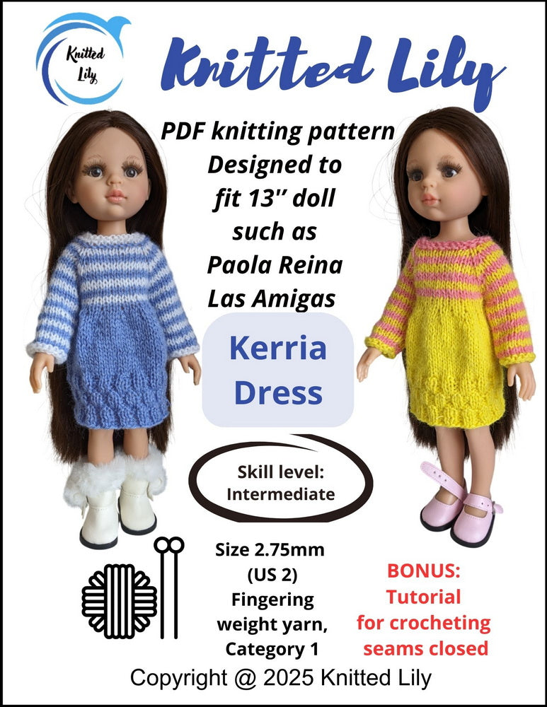 Knitted Lily Paola Reina Kerria Dress Knitting Pattern for 13" Paola Reina Dolls Pixie Faire