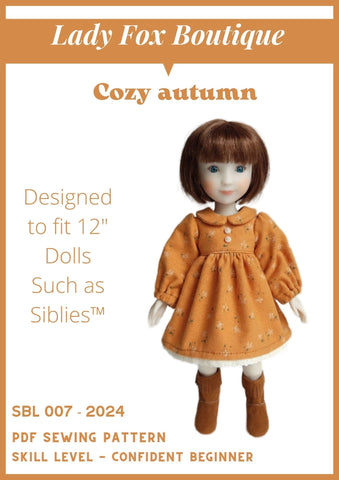 Lady Fox Boutique Siblies Cozy Autumn Dress Doll Clothes Pattern For 12" Siblies Dolls Pixie Faire