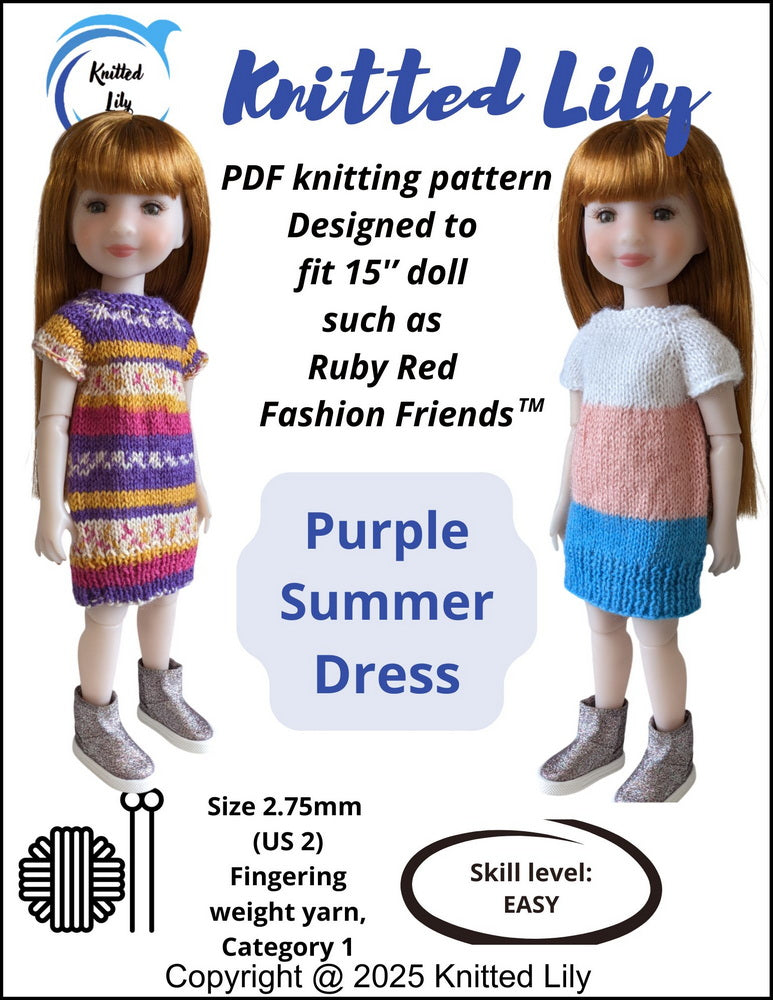 Knitted Lily Ruby Red Fashion Friends Purple Summer Dress Knitting Pattern for 15" Ruby Red Fashion Friends Dolls Pixie Faire
