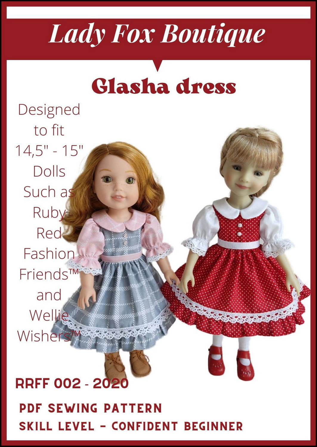 Lady Fox Boutique Ruby Red Fashion Friends Glasha Dress 14.5-15 Inch Doll Clothes Pattern Pixie Faire