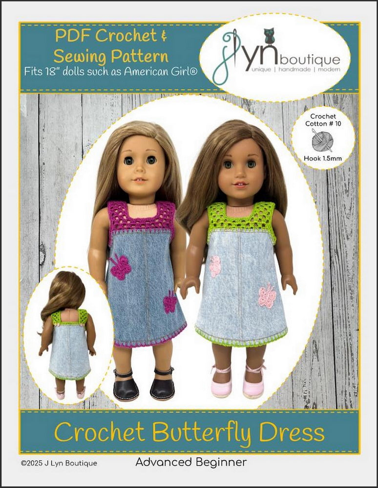 J Lyn Boutique 18 Inch Modern Crochet Butterfly Dress 18" Doll Clothes Pattern Pixie Faire