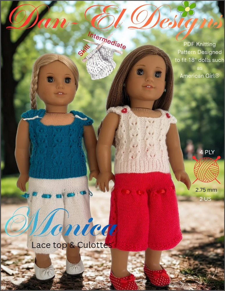 Dan-El Designs Knitting Monica Lace Top and Culottes 18 inch Doll Clothes Knitting Pattern Pixie Faire
