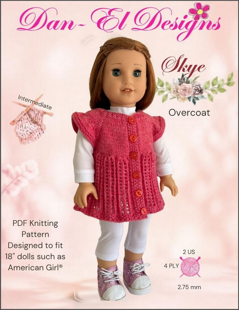 Dan-El Designs Knitting Skye Overcoat 18 inch Doll Clothes Knitting Pattern Pixie Faire