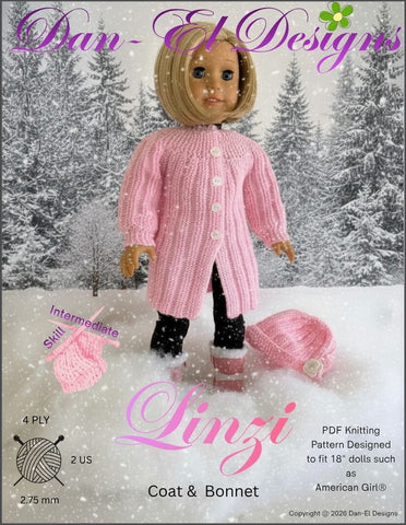 Dan-El Designs Knitting Linzi Coat and Bonnet 18" Doll Clothes Knitting Pattern Pixie Faire