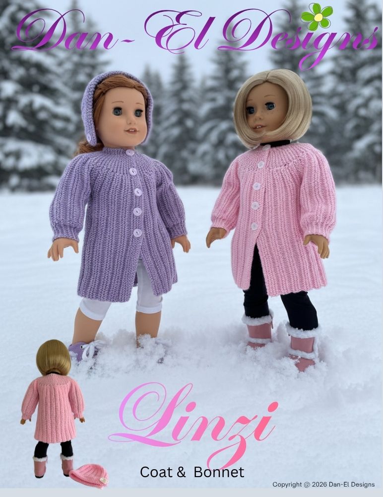 Dan-El Designs Knitting Linzi Coat and Bonnet 18" Doll Clothes Knitting Pattern Pixie Faire