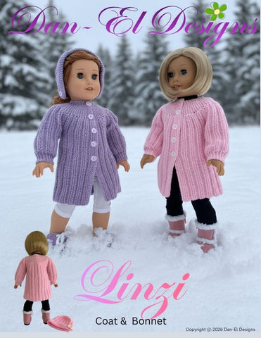 Dan-El Designs Knitting Linzi Coat and Bonnet 18" Doll Clothes Knitting Pattern Pixie Faire