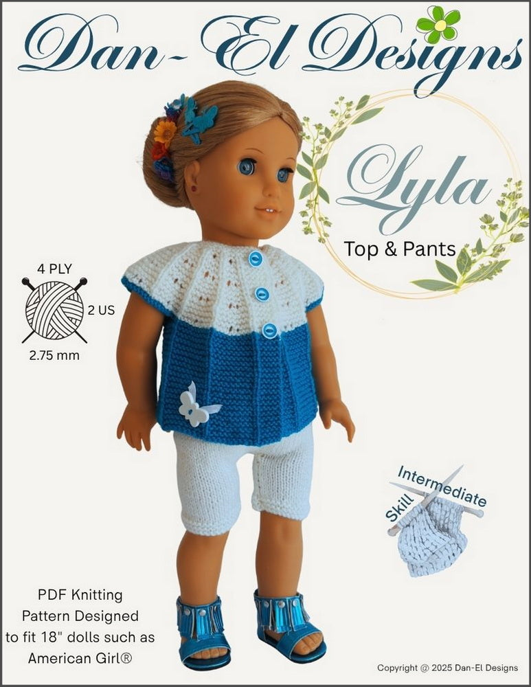 Dan-El Designs Knitting Lyla Top and Pants 18 inch Doll Clothes Knitting Pattern Pixie Faire