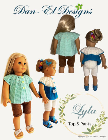 Dan-El Designs Knitting Lyla Top and Pants 18 inch Doll Clothes Knitting Pattern Pixie Faire