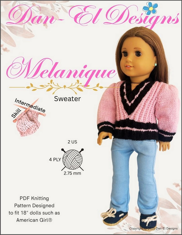 Dan-El Designs Knitting Melanique Sweater 18" Doll Clothes Knitting Pattern Pixie Faire