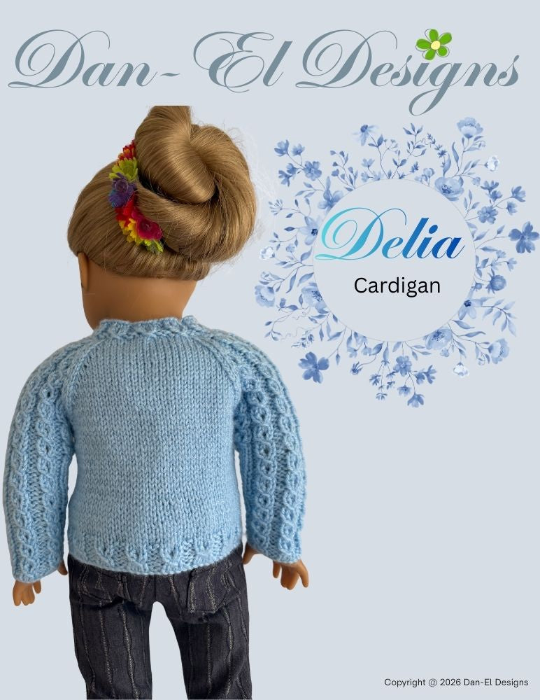 Dan-El Designs Knitting Delia Cardigan 18" Doll Clothes Knitting Pattern Pixie Faire
