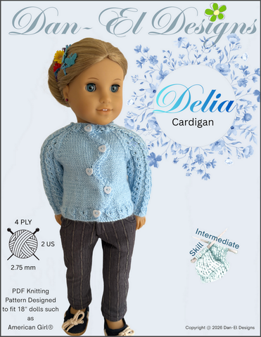 Dan-El Designs Knitting Delia Cardigan 18" Doll Clothes Knitting Pattern Pixie Faire