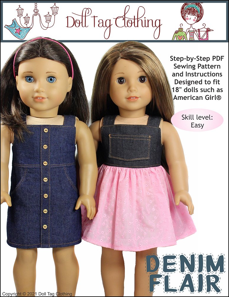 Doll Tag Clothing 18 Inch Modern Denim Flair Dress 18" Doll Clothes Pattern Pixie Faire