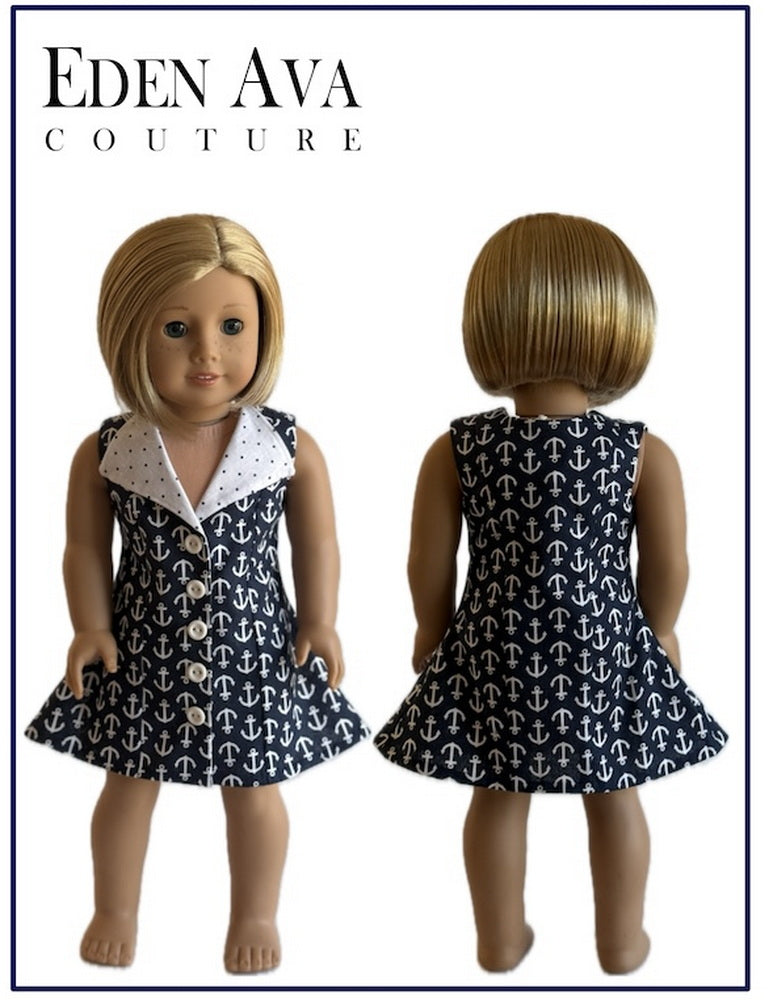 Eden Ava 18 Inch Modern Bonnet Shores Beach Dress 18" Doll Clothes Pattern Pixie Faire
