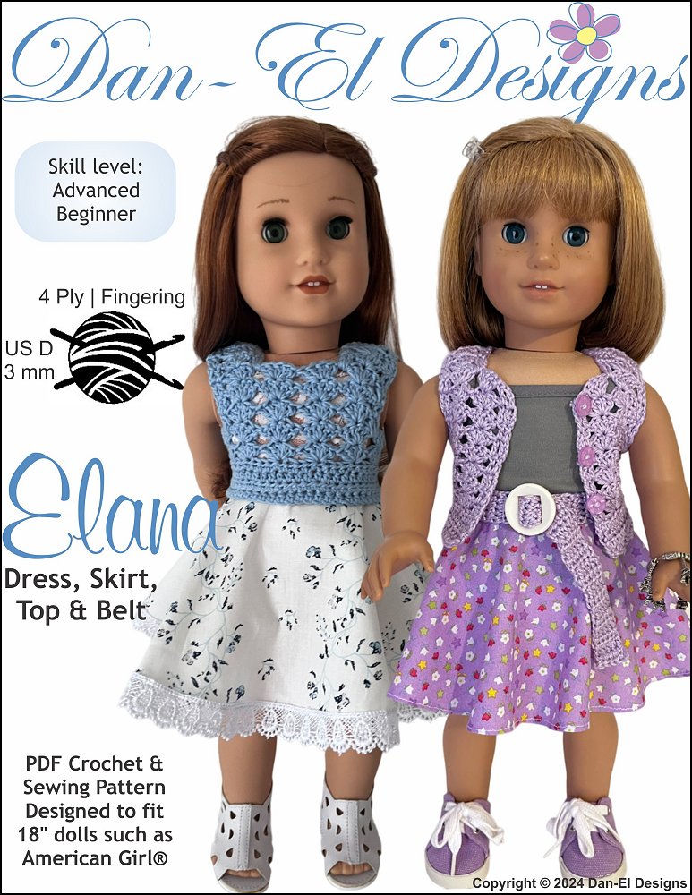 Dan-El Designs Crochet Elana 18 inch Doll Clothes Crochet and Sewing Pattern Pixie Faire